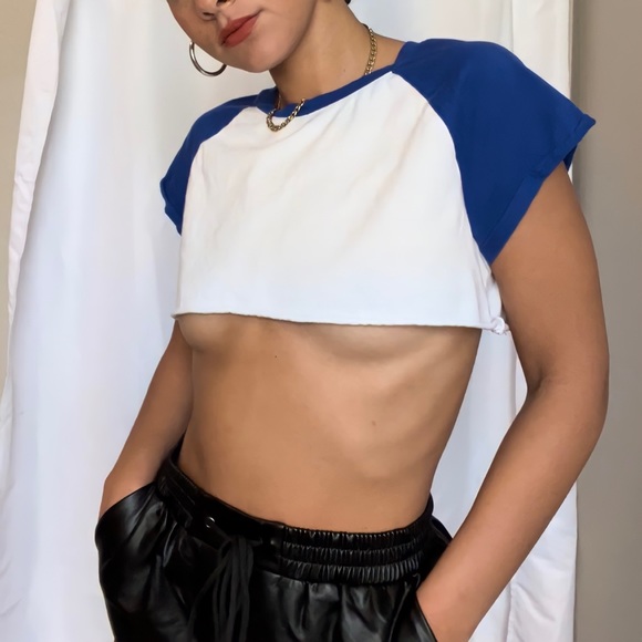 Bershka Activewear Ultra Cropped Royal Blue White Retro Style Ringer Tee - Picture 1 of 5